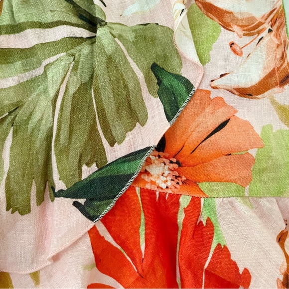 Zara Linen Wrap Mini Skirt Ruffle Tropical Palm Floral Lily Pink S - Picture 7 of 7